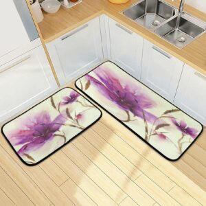 xigua 2 Pieces Purple Flower Kitchen Rugs and Mats Set Absorbent Soft Microfiber Bath Mat Non-Slip Doormat Laundry Runner Set, 19.7"x47.2"+19.7"x27.6"