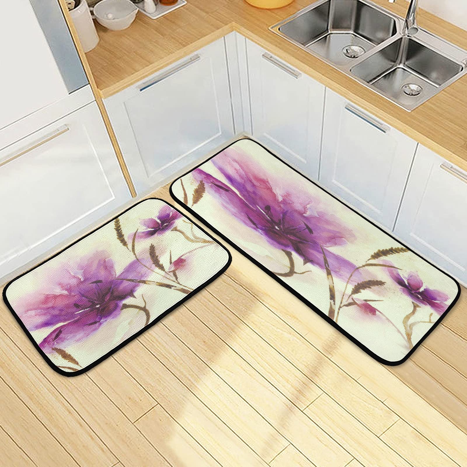 xigua 2 Pieces Purple Flower Kitchen Rugs and Mats Set Absorbent Soft Microfiber Bath Mat Non-Slip Doormat Laundry Runner Set, 19.7"x47.2"+19.7"x27.6"