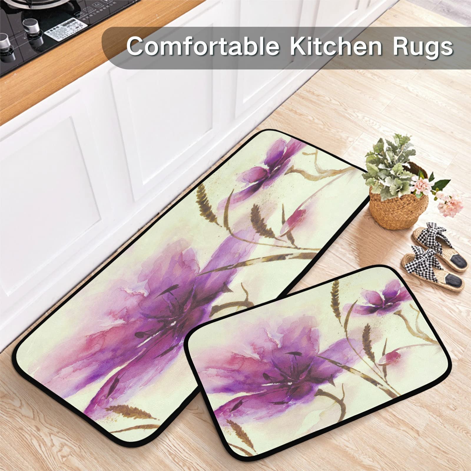 xigua 2 Pieces Purple Flower Kitchen Rugs and Mats Set Absorbent Soft Microfiber Bath Mat Non-Slip Doormat Laundry Runner Set, 19.7"x47.2"+19.7"x27.6"