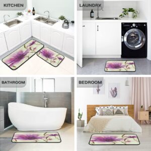 xigua 2 Pieces Purple Flower Kitchen Rugs and Mats Set Absorbent Soft Microfiber Bath Mat Non-Slip Doormat Laundry Runner Set, 19.7"x47.2"+19.7"x27.6"