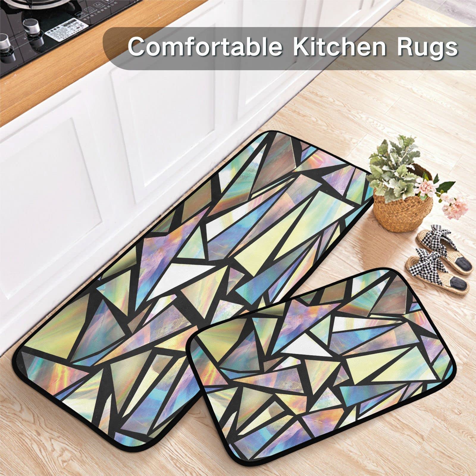 Kigai Iridescent Triangles Abstract Kitchen Rug,Set of 2 Decoration Non Skid Washable Soft Super Absorbent Anti Kitchen Floor Mats for Kitchen Office Laundry Room Bathroom (19"x27"+19"x47")