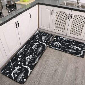 youtary black and white dinosaur skeleton pattern kitchen rug set 2 pcs floor mats washable non-slip soft flannel runner rug doormat carpet for floor home bathroom, 17" x 47"+17" x 24"-m
