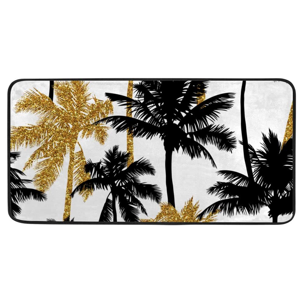 Kitchen Mat Non-Slip Kitchen Rug Gold Glitter Black Palm Trees Kitchen Doormat Runner Rug for Home Decor，39 x 20 Inch