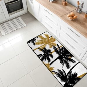 Kitchen Mat Non-Slip Kitchen Rug Gold Glitter Black Palm Trees Kitchen Doormat Runner Rug for Home Decor，39 x 20 Inch