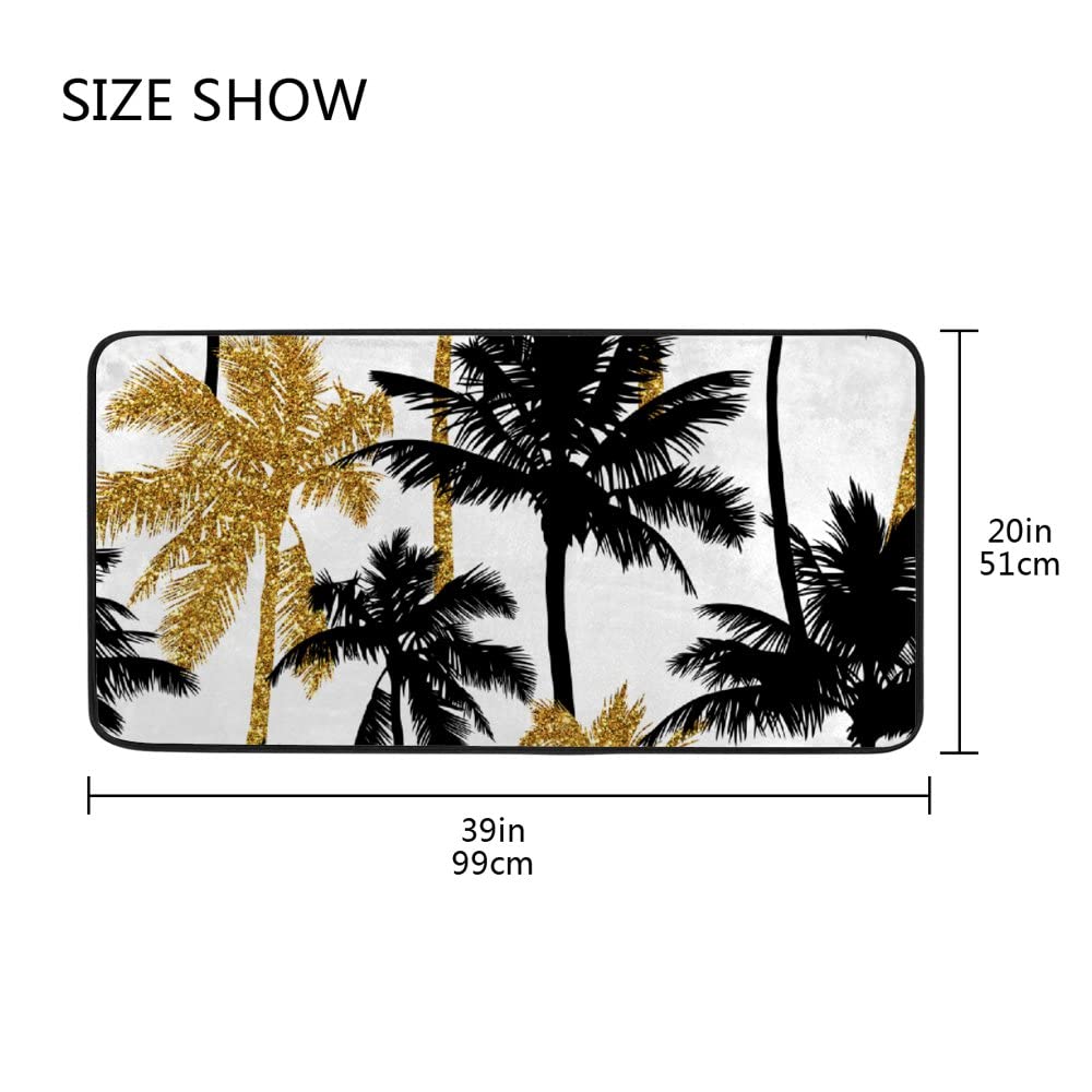 Kitchen Mat Non-Slip Kitchen Rug Gold Glitter Black Palm Trees Kitchen Doormat Runner Rug for Home Decor，39 x 20 Inch