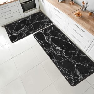 auuxva black marble texture lines print kitchen mats cushioned anti fatigue 2 pcs set, memory foam kitchen rugs, non slip washable area rug for floor sweet home decor, 17"x29"+17"x47"