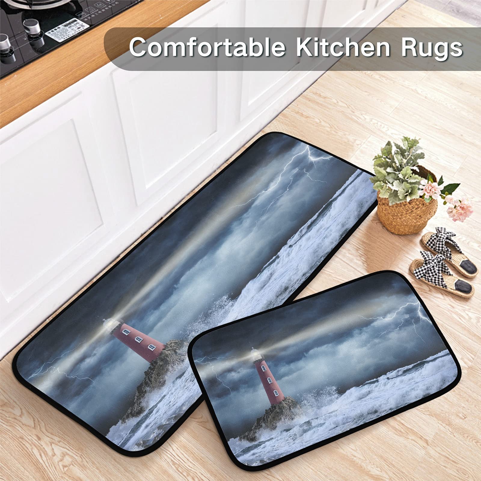 xigua 2 Pieces Stormy Landscape Lighthouse Kitchen Rugs and Mats Set Absorbent Soft Microfiber Bath Mat Non-Slip Kitchen Mat Doormat Runner Set, 19.7"x47.2"+19.7"x27.6"