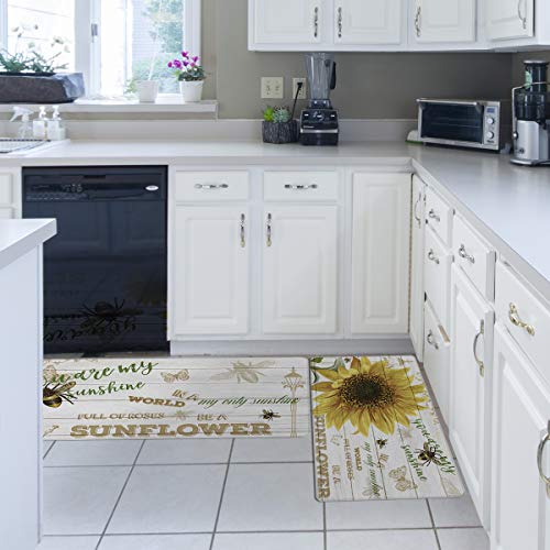 2 Pieces Kitchen Rugs and Mats Set PVC Leather Floor Mat Sunflower You Are My Sunshine My Only Sunshine Bumblebee Butterfly Wooden Board Comfort Floor Mat Rug Waterproof Non-Slip Mat Standing Desk Set