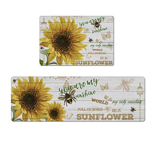 2 Pieces Kitchen Rugs and Mats Set PVC Leather Floor Mat Sunflower You Are My Sunshine My Only Sunshine Bumblebee Butterfly Wooden Board Comfort Floor Mat Rug Waterproof Non-Slip Mat Standing Desk Set