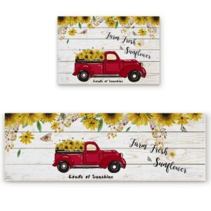 kitchen rugs and mats non slip cushioned anti fatigue machine washable 2 pieces rug set kitchen mats for floor,sunflowers red car vintage farm fresh loads of sunshine (15.7"x23.6"+15.7"x47.2" inches)