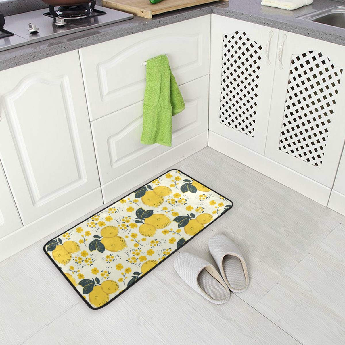Yellow Lemons Kitchen Rugs Citrus Pattern with Summer Colorful Flowers Kitchen Mats Non-Slip Bath Runner Rug Doormats Area Mat Rugs Carpet for Home Decor 39" X 20"