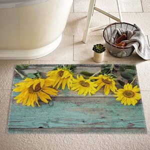 door matsbath rug for bathroom,sunflower on teal wood,non slip washable bathroom mat,water absorbent 16x24inch