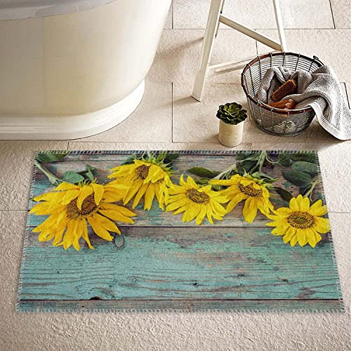 Door Matsbath Rug for Bathroom,Sunflower On Teal Wood,Non Slip Washable Bathroom Mat,Water Absorbent 16x24inch