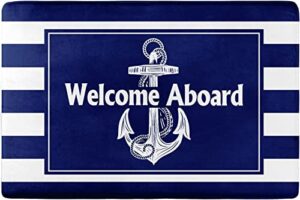 welcome aboard door mat nautical anchor on navy blue and white striped bath mat soft non slip absorbent shower carpet washable kitchen sink rugs bathroom decor 18x30inch