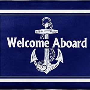 Welcome Aboard Door Mat Nautical Anchor On Navy Blue and White Striped Bath Mat Soft Non Slip Absorbent Shower Carpet Washable Kitchen Sink Rugs Bathroom Decor 18x30inch