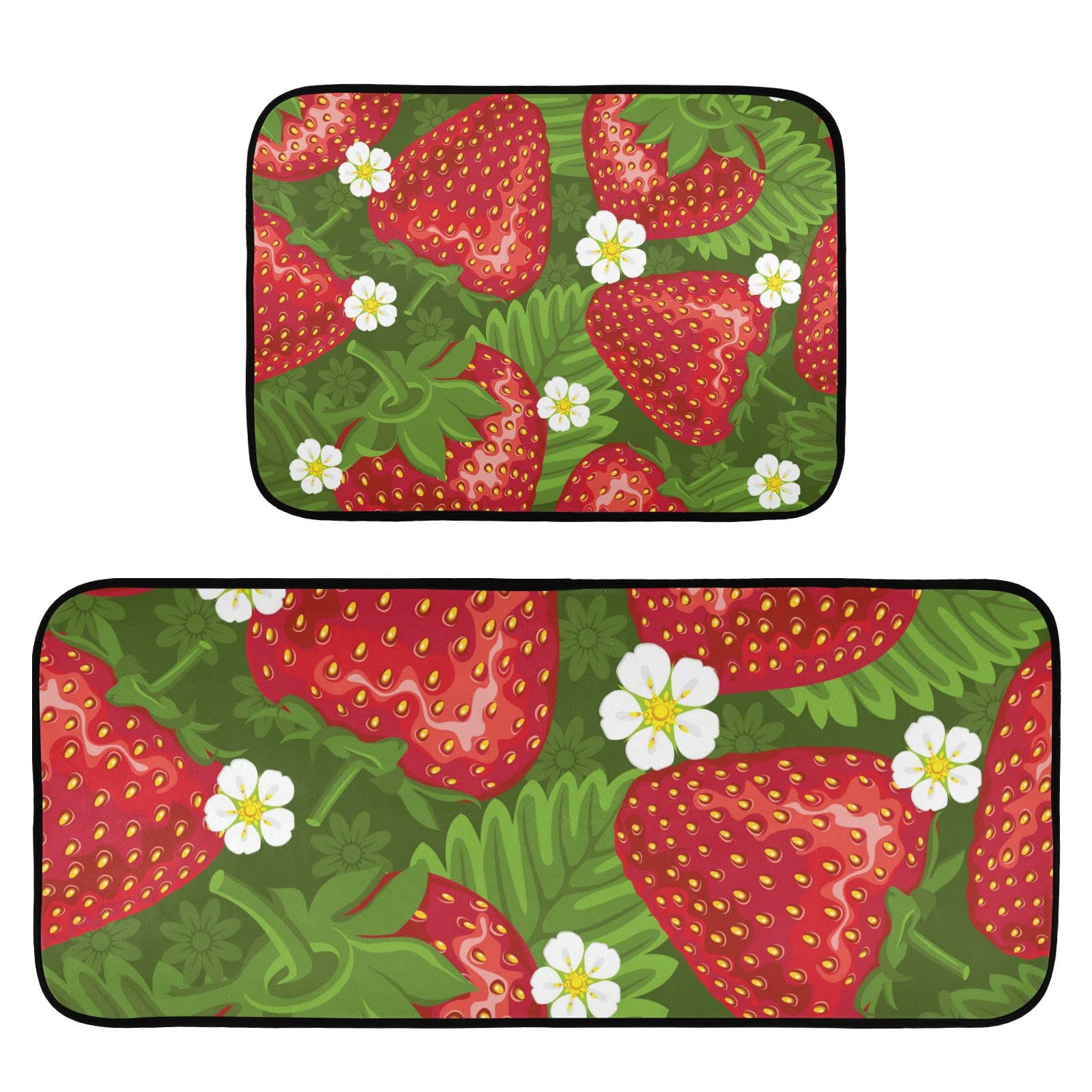 BOENLE Kitchen Rugs and Mats Non Skid Washable Kitchen Rug Set 2 Piece Strawberry and Leaves on Green Background Carpet Ergonomic Comfort Standing Mat for Kitchen,Bathroom, Laundry