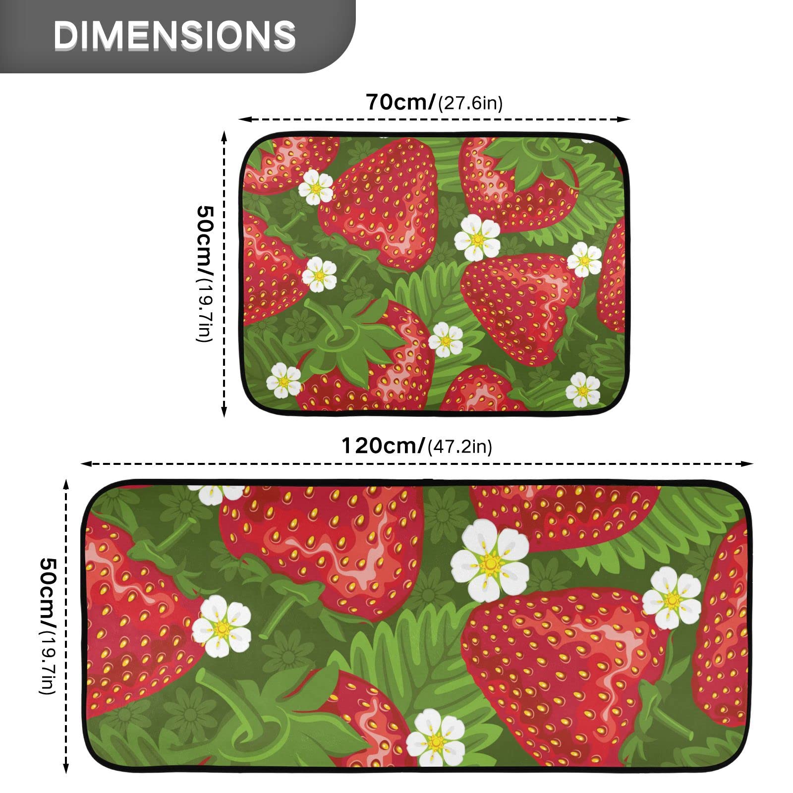 BOENLE Kitchen Rugs and Mats Non Skid Washable Kitchen Rug Set 2 Piece Strawberry and Leaves on Green Background Carpet Ergonomic Comfort Standing Mat for Kitchen,Bathroom, Laundry