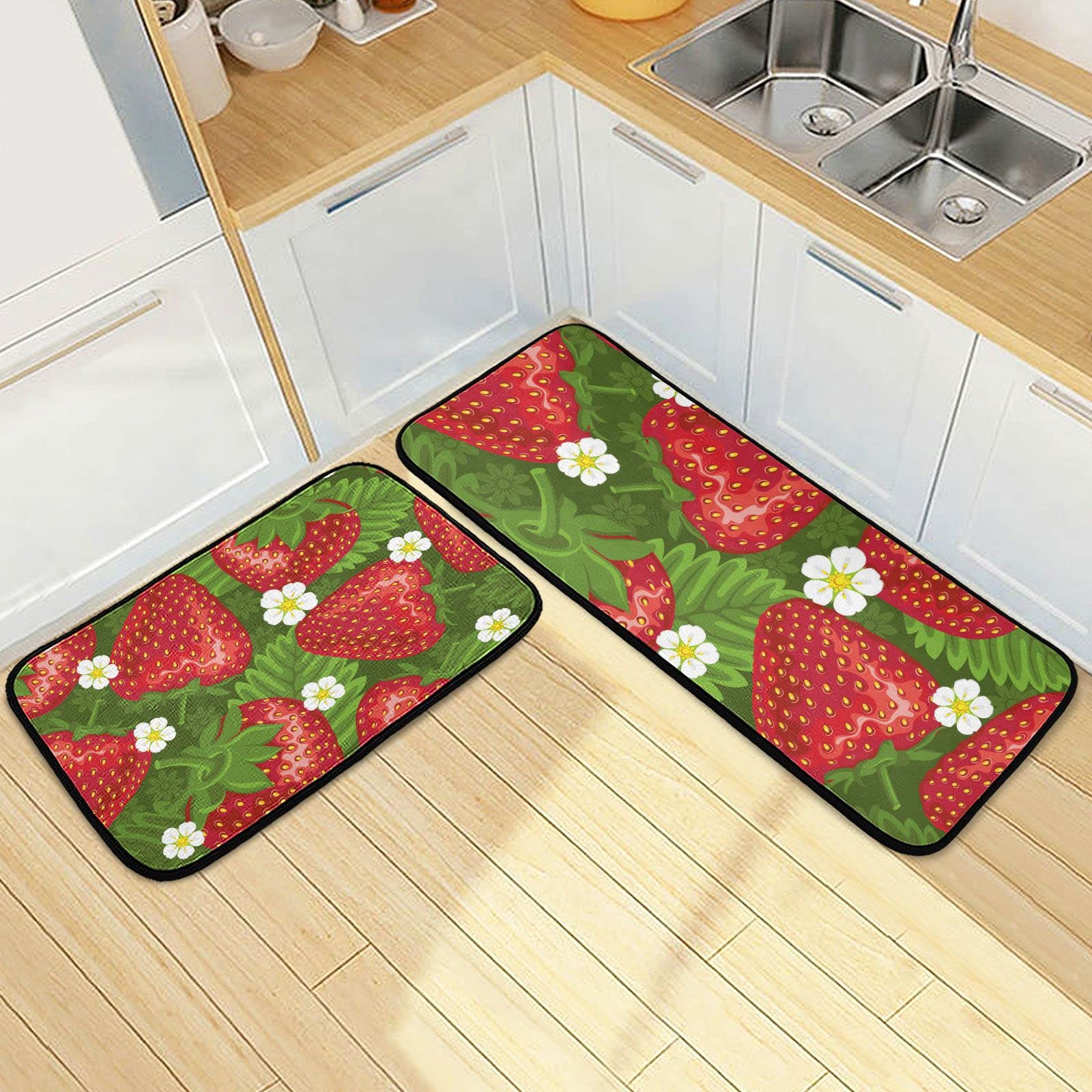 BOENLE Kitchen Rugs and Mats Non Skid Washable Kitchen Rug Set 2 Piece Strawberry and Leaves on Green Background Carpet Ergonomic Comfort Standing Mat for Kitchen,Bathroom, Laundry