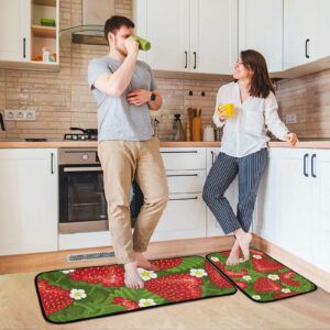 BOENLE Kitchen Rugs and Mats Non Skid Washable Kitchen Rug Set 2 Piece Strawberry and Leaves on Green Background Carpet Ergonomic Comfort Standing Mat for Kitchen,Bathroom, Laundry