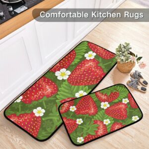 BOENLE Kitchen Rugs and Mats Non Skid Washable Kitchen Rug Set 2 Piece Strawberry and Leaves on Green Background Carpet Ergonomic Comfort Standing Mat for Kitchen,Bathroom, Laundry