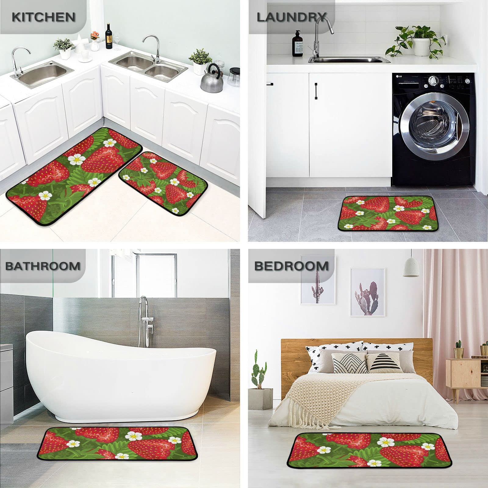 BOENLE Kitchen Rugs and Mats Non Skid Washable Kitchen Rug Set 2 Piece Strawberry and Leaves on Green Background Carpet Ergonomic Comfort Standing Mat for Kitchen,Bathroom, Laundry