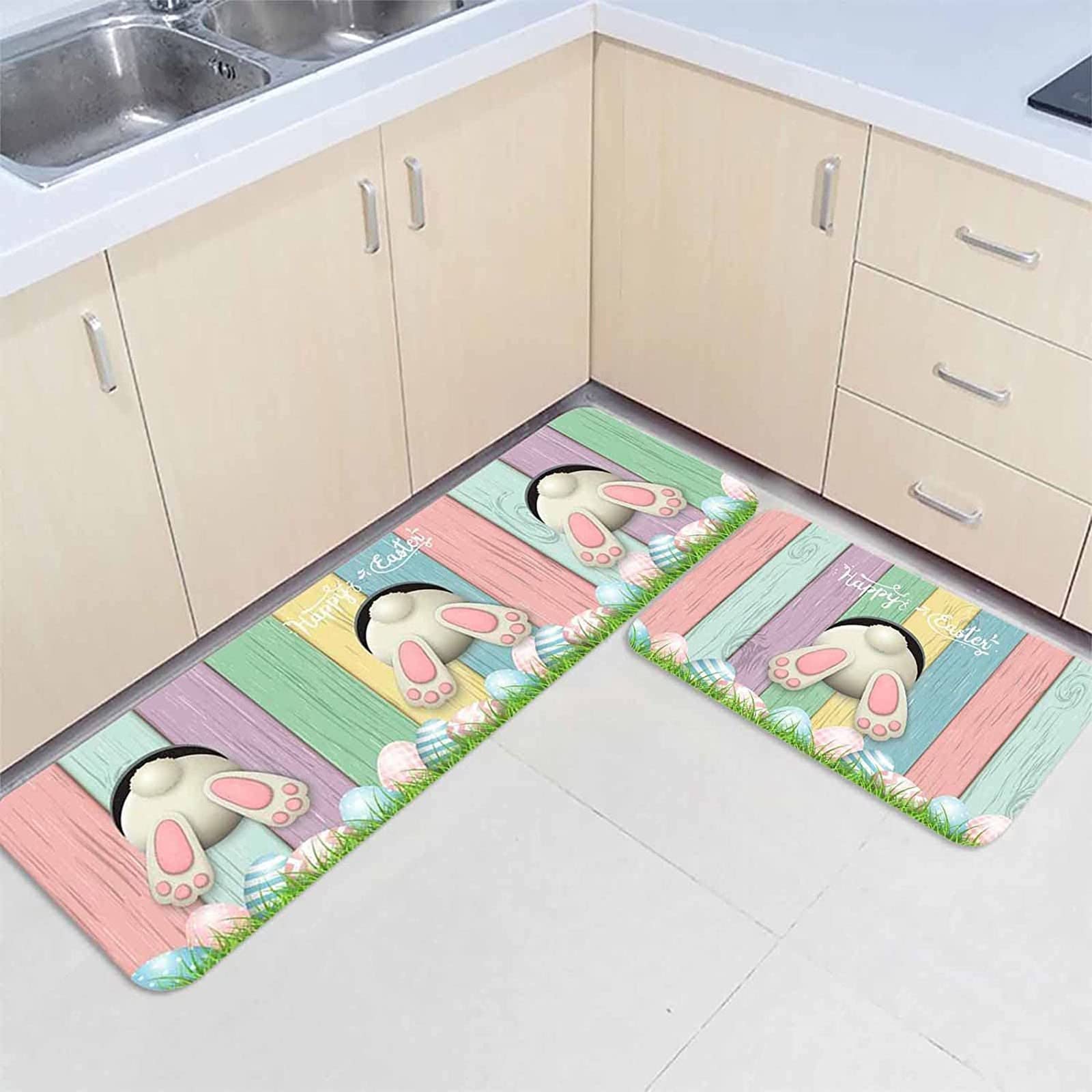 ROTORS Easter Kitchen Rugs Set of 2, Decorative Spring Easter Bunny Eggs Kitchen Mats Waterproof, Anti-Fatigue Rugs with Non-Slip Back Pad for Home Kitchen Decor