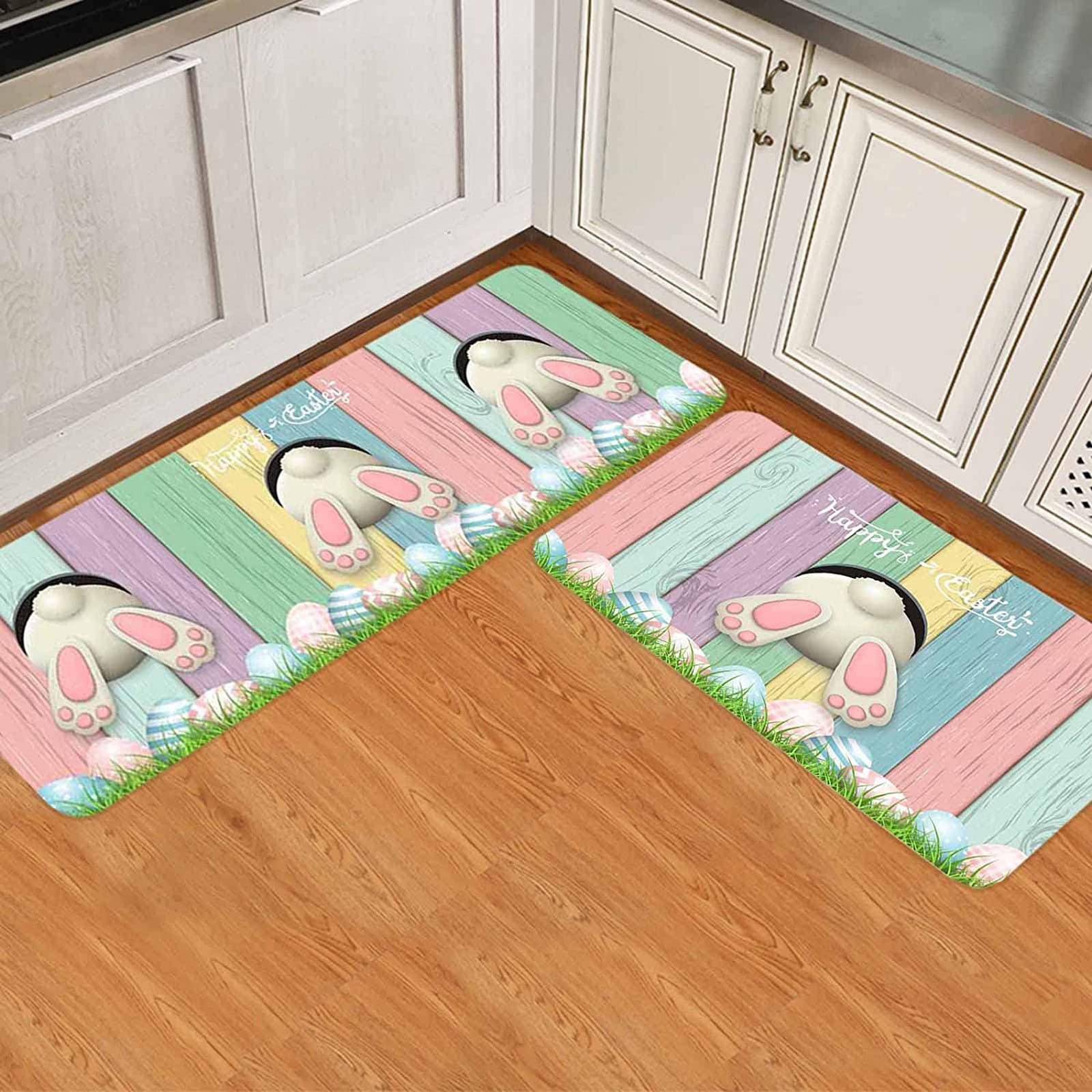 ROTORS Easter Kitchen Rugs Set of 2, Decorative Spring Easter Bunny Eggs Kitchen Mats Waterproof, Anti-Fatigue Rugs with Non-Slip Back Pad for Home Kitchen Decor