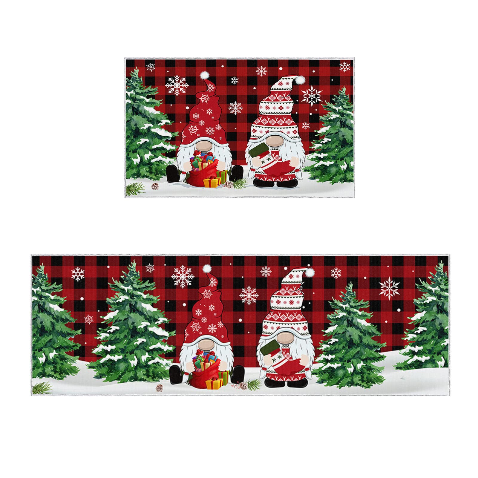 Merry Christmas Kitchen Rugs Sets 2 Piece Floor Mats Xmas Tree Gnome Snowflake Buffalo Plaid Doormat Non-Slip Rubber Backing Area Rugs Washable Carpet Inside Door Mat Pad Sets-16"x 24"+16"x47"