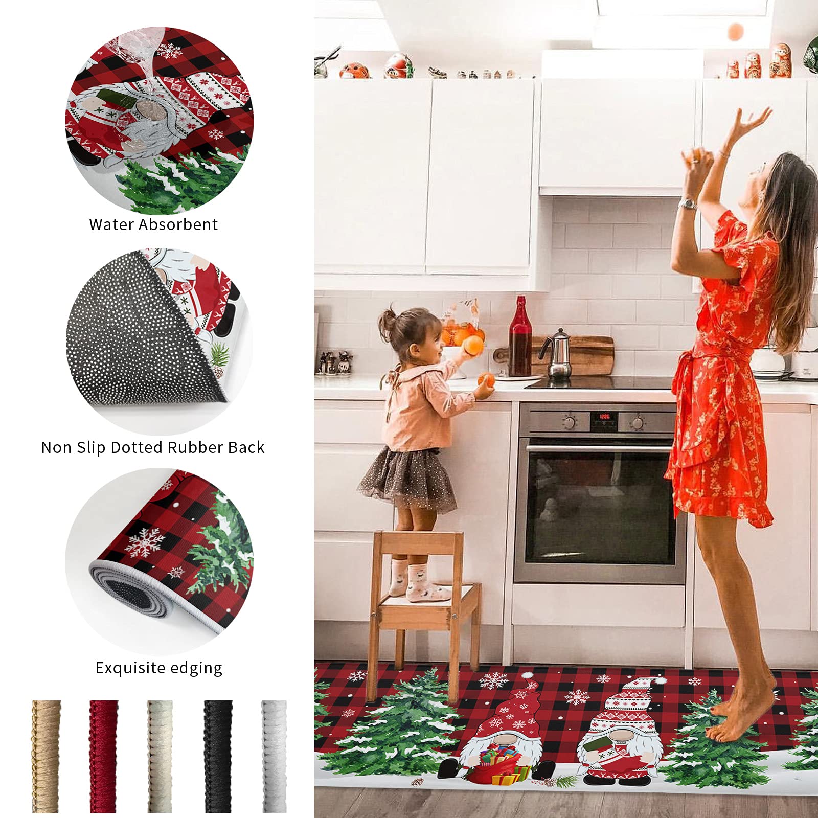 Merry Christmas Kitchen Rugs Sets 2 Piece Floor Mats Xmas Tree Gnome Snowflake Buffalo Plaid Doormat Non-Slip Rubber Backing Area Rugs Washable Carpet Inside Door Mat Pad Sets-16"x 24"+16"x47"