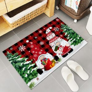 Merry Christmas Kitchen Rugs Sets 2 Piece Floor Mats Xmas Tree Gnome Snowflake Buffalo Plaid Doormat Non-Slip Rubber Backing Area Rugs Washable Carpet Inside Door Mat Pad Sets-16"x 24"+16"x47"