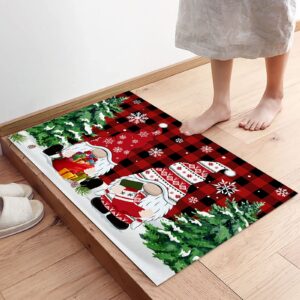 Merry Christmas Kitchen Rugs Sets 2 Piece Floor Mats Xmas Tree Gnome Snowflake Buffalo Plaid Doormat Non-Slip Rubber Backing Area Rugs Washable Carpet Inside Door Mat Pad Sets-16"x 24"+16"x47"