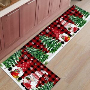 Merry Christmas Kitchen Rugs Sets 2 Piece Floor Mats Xmas Tree Gnome Snowflake Buffalo Plaid Doormat Non-Slip Rubber Backing Area Rugs Washable Carpet Inside Door Mat Pad Sets-16"x 24"+16"x47"