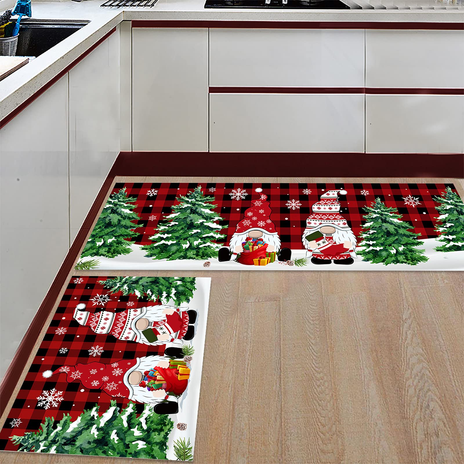 Merry Christmas Kitchen Rugs Sets 2 Piece Floor Mats Xmas Tree Gnome Snowflake Buffalo Plaid Doormat Non-Slip Rubber Backing Area Rugs Washable Carpet Inside Door Mat Pad Sets-16"x 24"+16"x47"