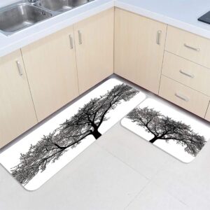 2 pieces kitchen rugs sets, tree stem trunk branches black and white non-slip hallway stair runner rug mats doormat for floor, office, sink, laundry
