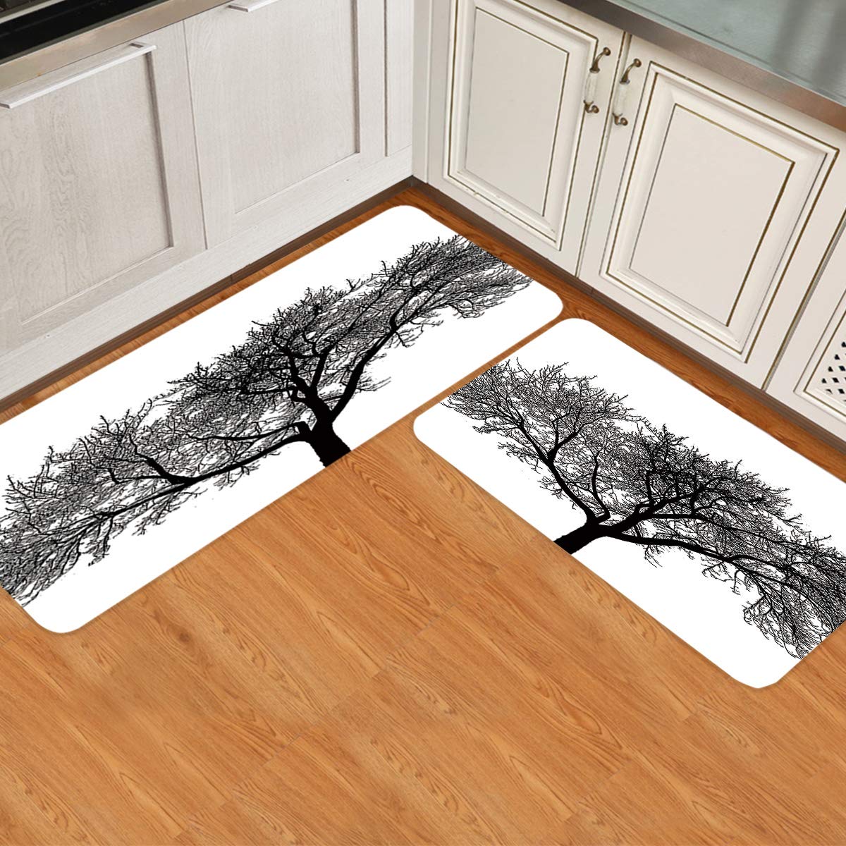 2 Pieces Kitchen Rugs Sets, Tree Stem Trunk Branches Black and White Non-Slip Hallway Stair Runner Rug Mats Doormat for Floor, Office, Sink, Laundry