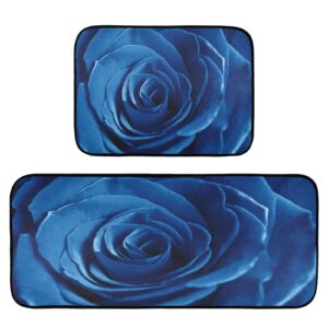 xigua 2 Pieces Elegant Blue Rose Kitchen Rugs and Mats Set Absorbent Soft Microfiber Bath Mat Non-Slip Doormat Laundry Runner Set, 19.7"x47.2"+19.7"x27.6"