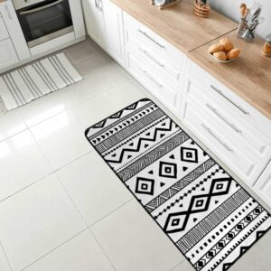 kitchen rug mat ethnic boho style black white non-slip absorbent runner rug for kitchen floor, entryway, hallway and dining room, machine washable carpet
