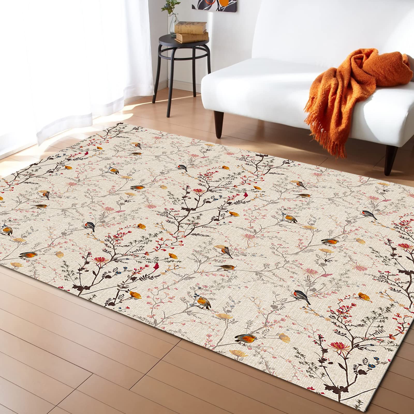 Large Area Rug 2' x 3' Throw Carpet Floor Cover Nursery Rugs for Children, Rustic Floral Modern Kitchen Mat Runner Rugs for Living Room/Bedroom Spring Bird Flowers Burlap Backdrop