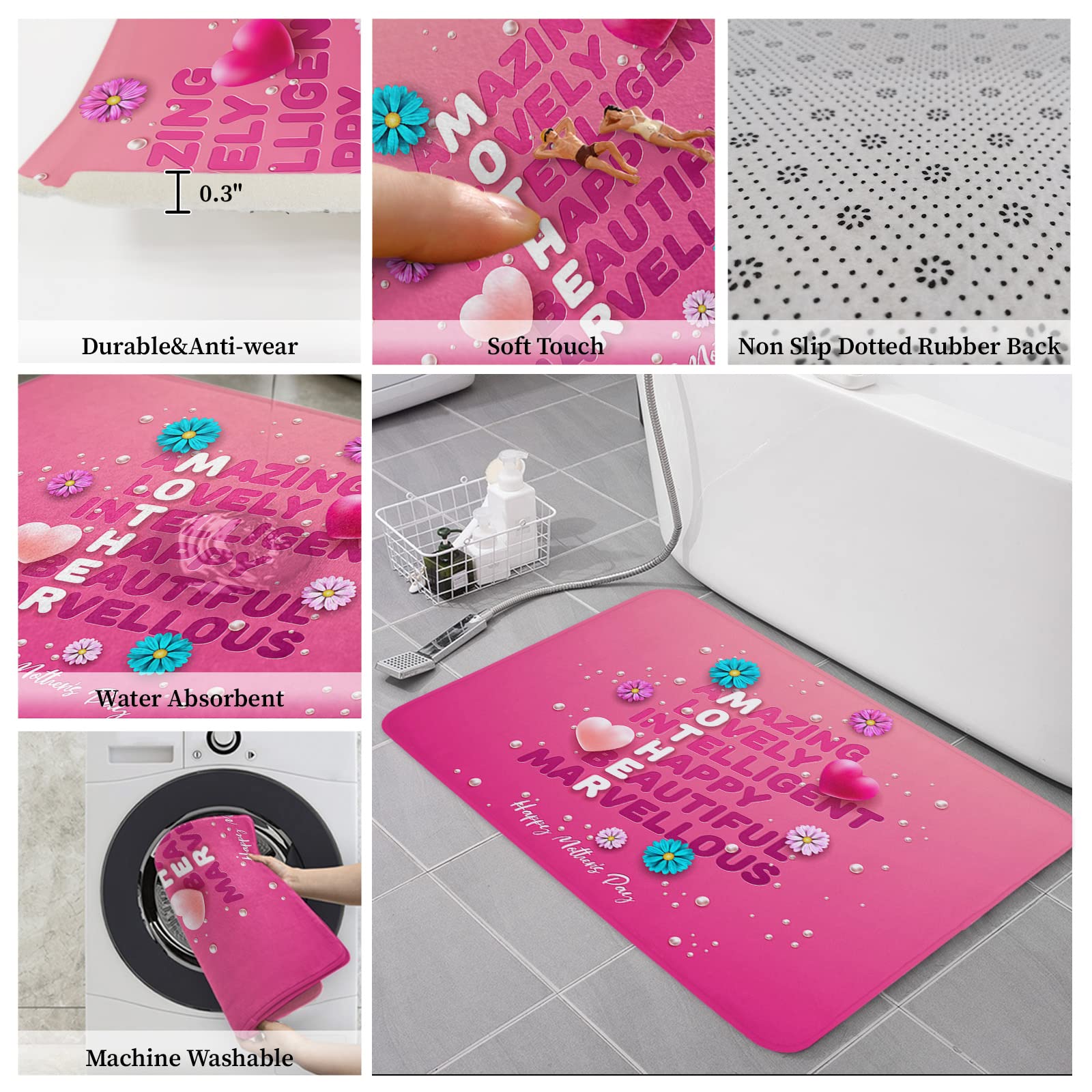 LOT BASIC Happy Mother's Day Kitchen Mats Set of 2, Water Absorbent & Anti-Slip Kitchen Rugs, Comfort Floor Mat for Kitchen, Office, Laundry, 18x30in+18x48in Copywriting Flower Love Heart