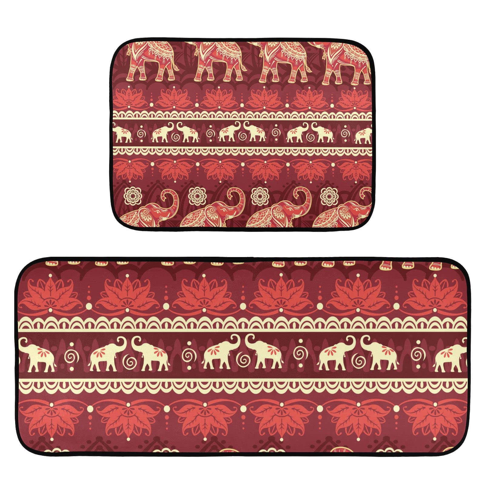 BOENLE Kitchen Rugs and Mats Non Skid Washable Kitchen Rug Set 2 Piece Red Elephant Migration Carpet Ergonomic Comfort Standing Mat for Kitchen,Bathroom, Laundry