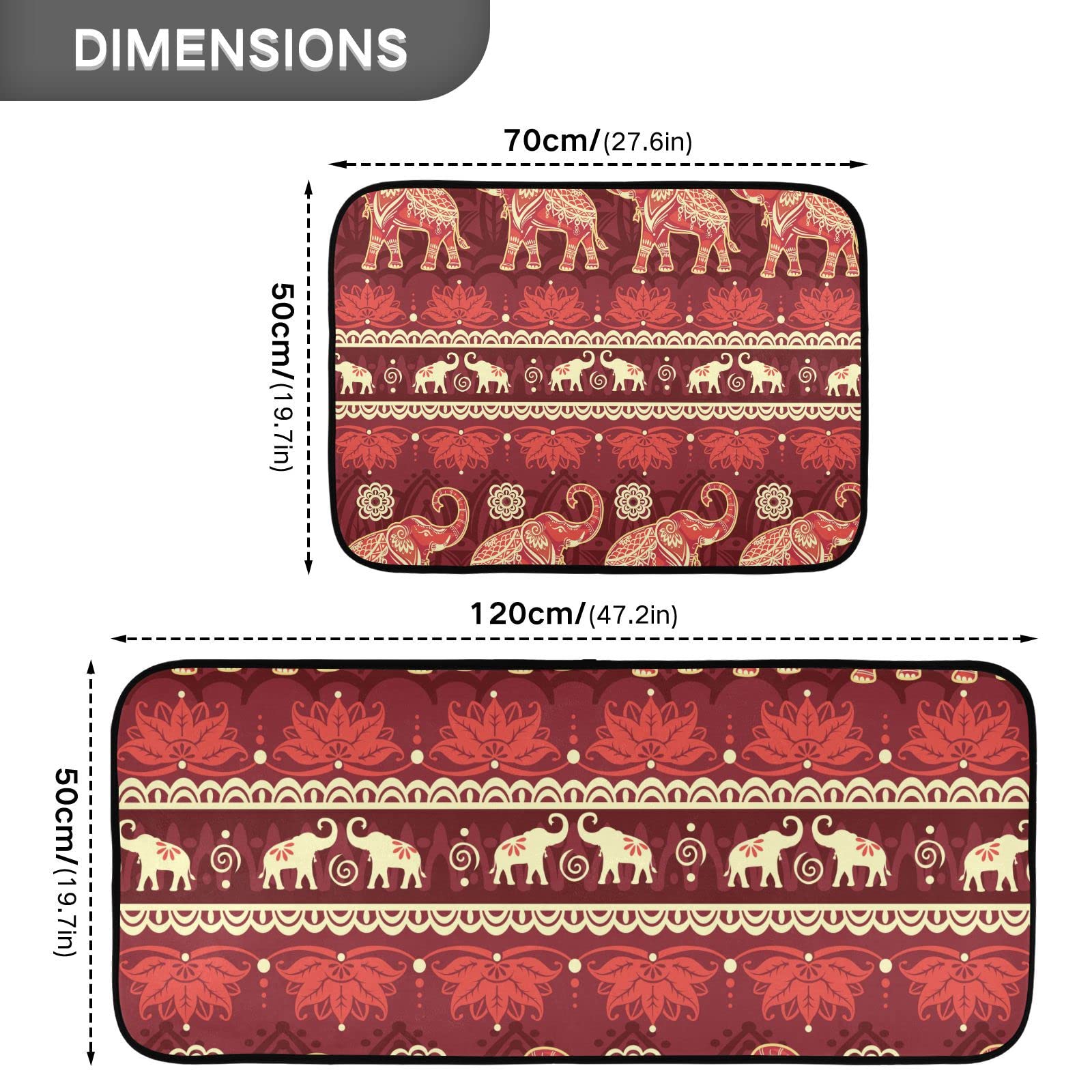 BOENLE Kitchen Rugs and Mats Non Skid Washable Kitchen Rug Set 2 Piece Red Elephant Migration Carpet Ergonomic Comfort Standing Mat for Kitchen,Bathroom, Laundry