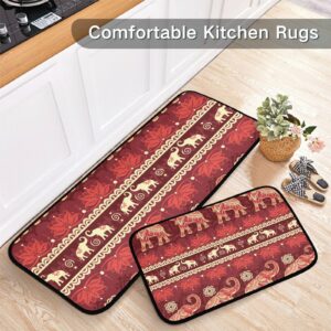 BOENLE Kitchen Rugs and Mats Non Skid Washable Kitchen Rug Set 2 Piece Red Elephant Migration Carpet Ergonomic Comfort Standing Mat for Kitchen,Bathroom, Laundry