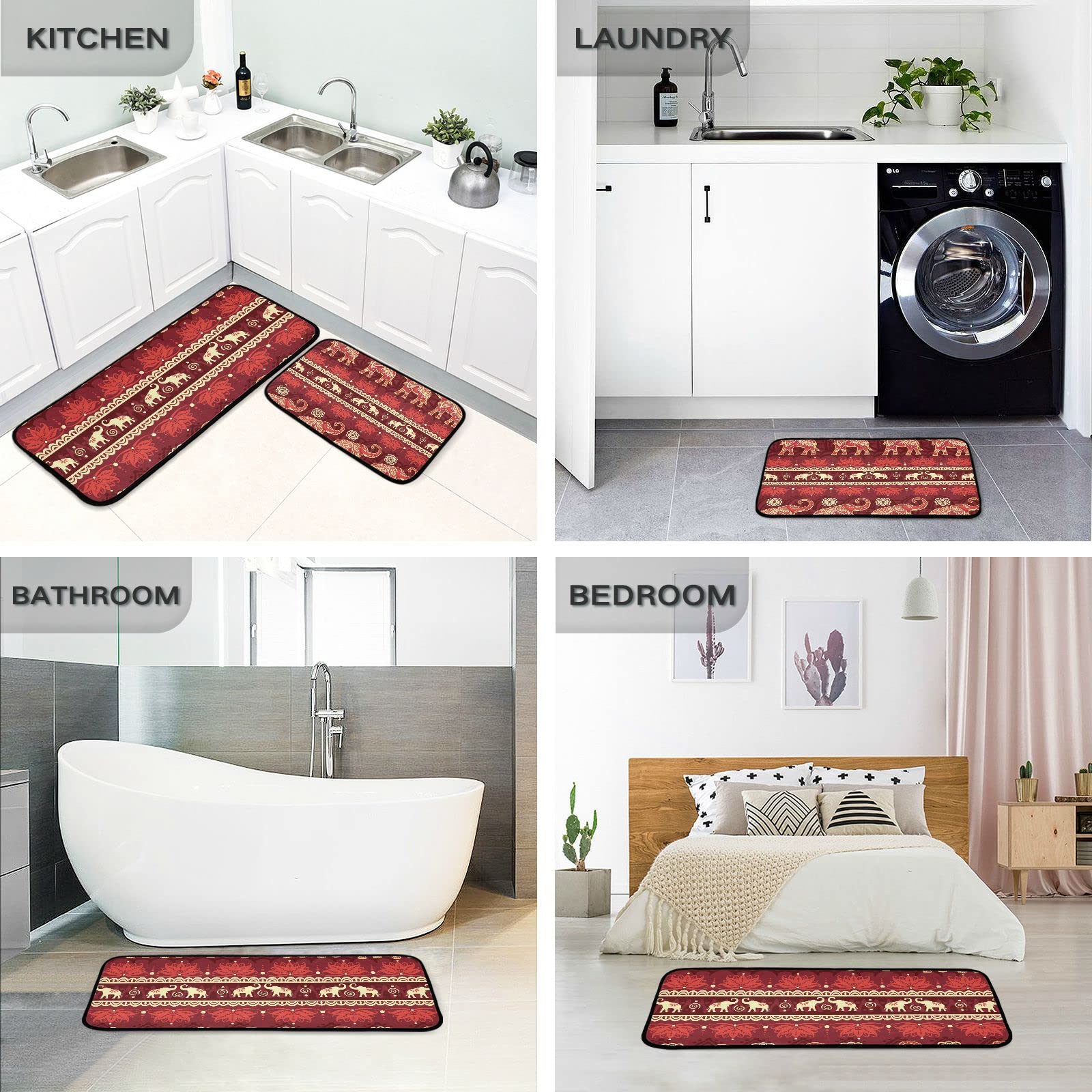 BOENLE Kitchen Rugs and Mats Non Skid Washable Kitchen Rug Set 2 Piece Red Elephant Migration Carpet Ergonomic Comfort Standing Mat for Kitchen,Bathroom, Laundry