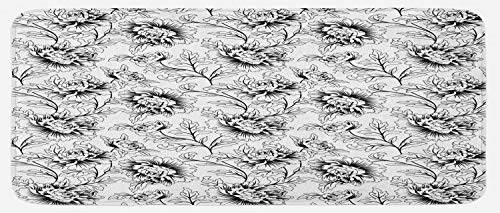 Ambesonne Floral Kitchen Mat, Ornamental Flourishing Bouquets Curly Carnation Petals Monochrome Wildflower, Plush Decorative Kitchen Mat with Non Slip Backing, 47" X 19", Black and White