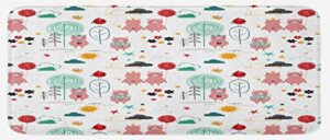 ambesonne cartoon kitchen mat, childish theme pink pigs stars clouds flowers birds and sun in style, plush decorative kitchen mat with non slip backing, 47" x 19", multicolor