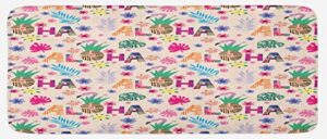 ambesonne tropical kitchen mat, illustration of colorful hawaiian elements flowers aloha lettering flamingo, plush decorative kitchen mat with non slip backing, 47" x 19", multicolor