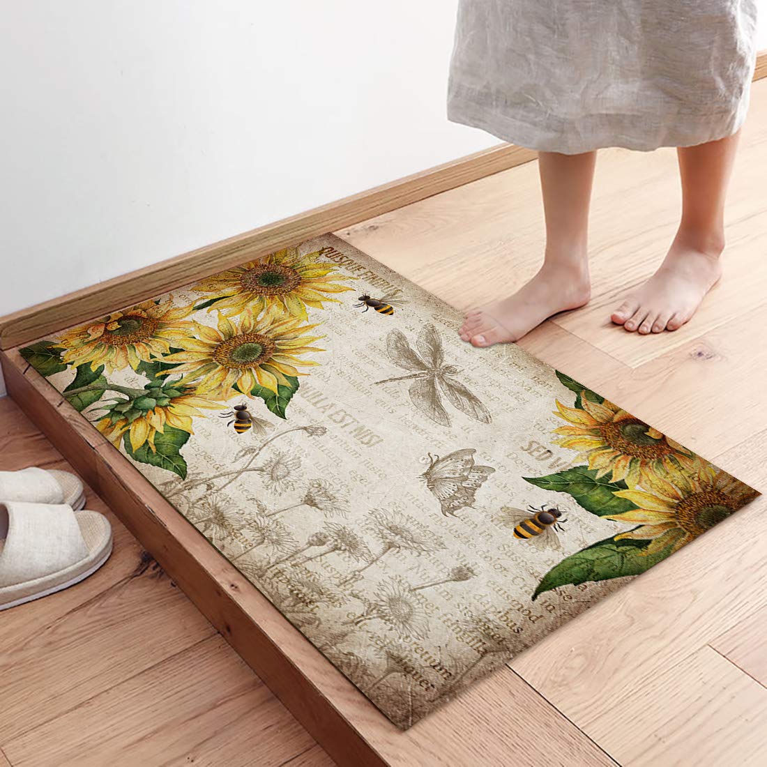 Door Mat for Bedroom Decor, Farm Sunflowers and Butterflies on Newspaper Floor Mats, Holiday Rugs for Living Room, Absorbent Non-Slip Bathroom Rugs Home Decor Kitchen Mat Area Rug 18x30 Inch