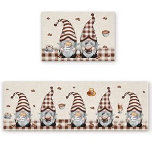 kitchen rugs set 2 pieces, coffee gnome coffee beans with brown plaid rustic cotton linen cushioned kitchen rug floor mat for kitchen bath,non slip runner rugs standing mat 15.7"x23.6"+15.7"x47.2"
