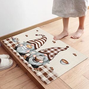 Kitchen Rugs Set 2 Pieces, Coffee Gnome Coffee Beans with Brown Plaid Rustic Cotton Linen Cushioned Kitchen Rug Floor Mat for Kitchen Bath,Non Slip Runner Rugs Standing Mat 15.7"x23.6"+15.7"x47.2"