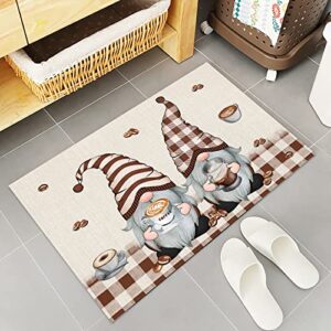 Kitchen Rugs Set 2 Pieces, Coffee Gnome Coffee Beans with Brown Plaid Rustic Cotton Linen Cushioned Kitchen Rug Floor Mat for Kitchen Bath,Non Slip Runner Rugs Standing Mat 15.7"x23.6"+15.7"x47.2"